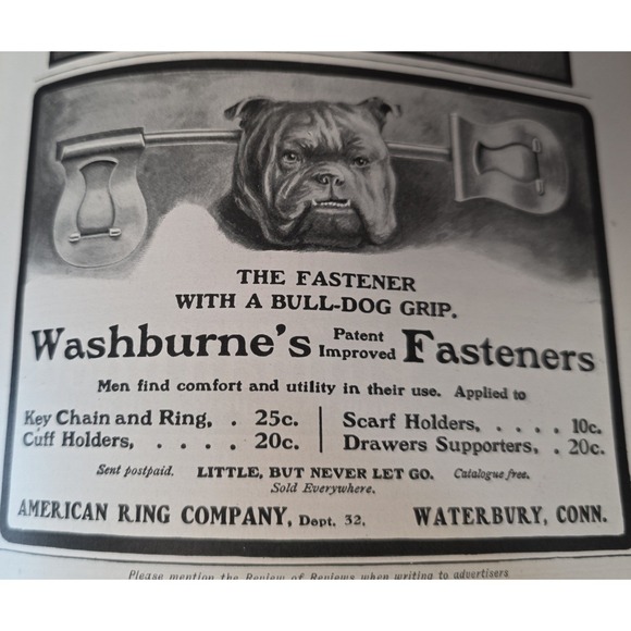 American Ring Company Other - 1903 Washburne's Fasteners Print Ad American Ring Co Bulldog Illustration